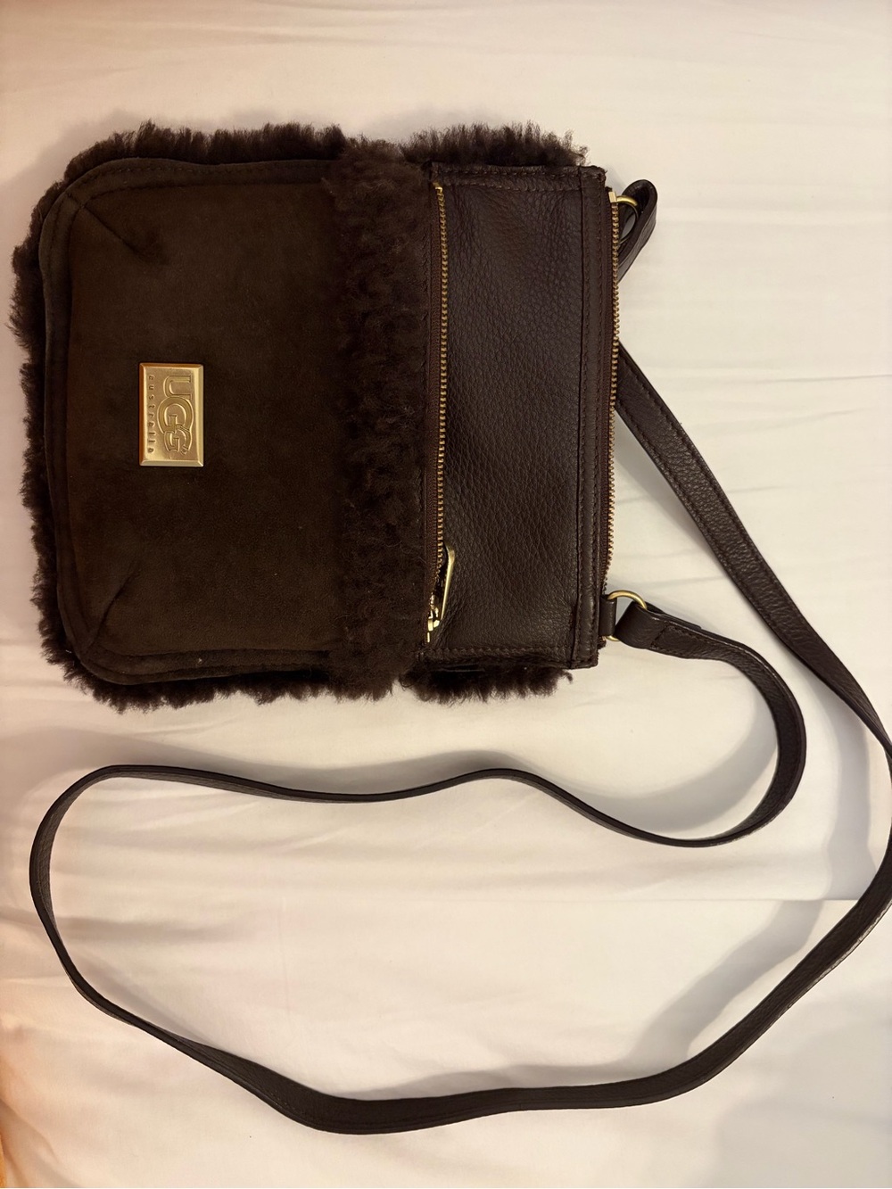 UGG Dark Brown Shearling Trim Crossbody Bag